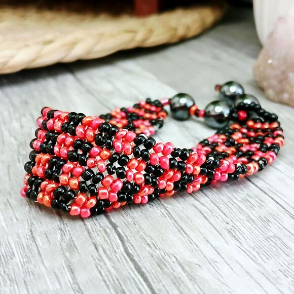 Hematite Gemstone Beaded Checker Bracelet, Adjustable Seed Bead Bracelet - Picture 7 of 7